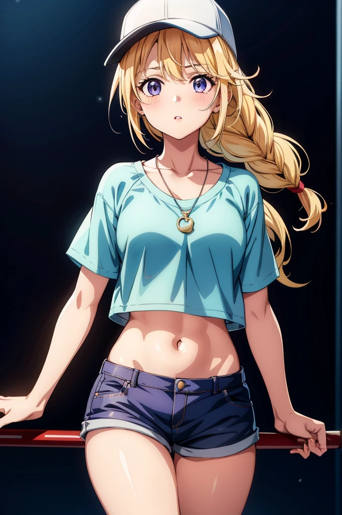 a anime anime poster of a pretty girl in a shirt and cap, 1girl, solo, breasts, shorts, hat, navel, blue eyes, blonde hair, hands on hips, crop top, twin braids, baseball cap, braid, off shoulder, jacket, bare shoulders, looking at viewer, short shorts, midriff, stomach, black headwear, large breasts, cowboy shot, purple jacket, closed mouth, long hair, long sleeves