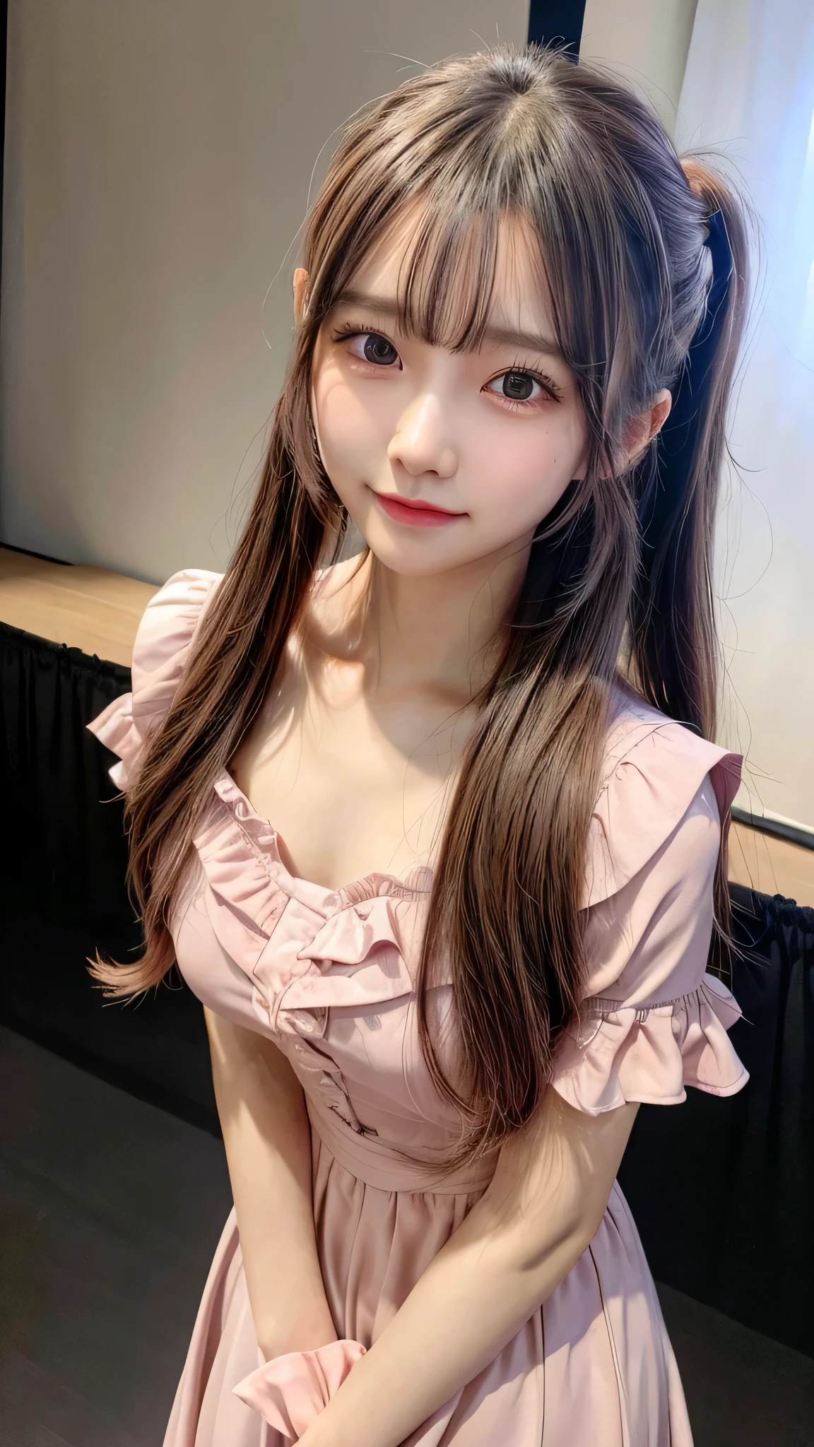 close up of face,blush,small breasts,14 years old,long hair ponytail,on stage,in the spotlight,((8K, Raw photo, best quality, muste piece:1.2), (Reality, photorealistic:1.4), (Highly detailed 8K wallpaper), Depth of the bounds written, cinematic lighting, soft light, detailed beauty eye,Shiny and smooth light brown ponytail, asymmetrical bangs, shiny skin, super detailed skin ,high resolution, high detail, detailed hairstyle, detailed beauty face, hyper real, perfect limbs, perfect anatomy ,1 Japanese girl,famous japanese idol, perfect female body,shy smile,short eyelashes,double-edged eyelids,look straight here,Hair style is ponytail、Pink colored long dress with lots of ruffles, softly shaped skirt, standing on stage,pink ribbon on head,She wears a long skirt with lots of frills.,Neat clothes