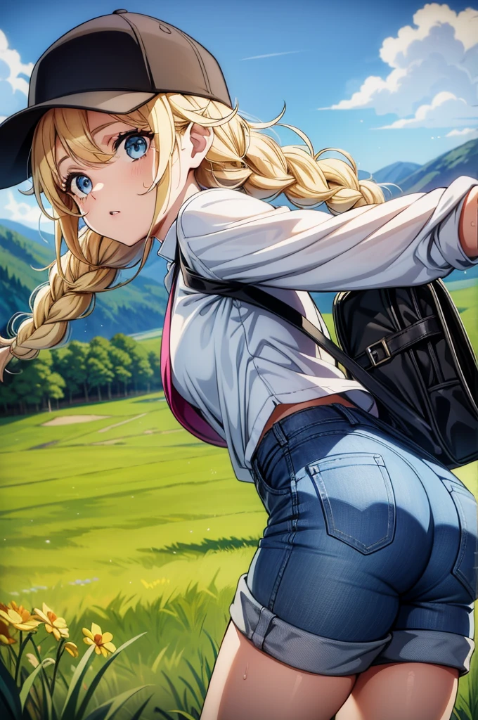 an image a drawing of a woman that has blonde hair, and shorts, outdoors, 1girl, backpack, blonde hair, braid, shorts, hat, long hair, bag, blue eyes, baseball cap, solo, day, denim shorts, sweat, denim, grass, short shorts, twin braids, ass, lake, black headwear, sky, long sleeves