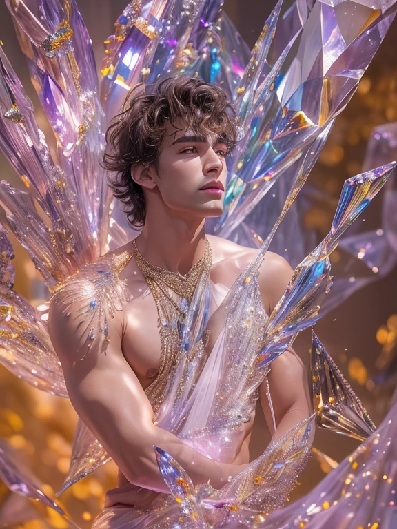 (realistic, Masterpiece, best quality, height, Highly detailed), Handsome young man poses nude surrounded by crystal, The identity of the crystal as a human, 18 year old male, bright colors, realistic light, SPARKLING REFLECTION, Bright and radiant skin, Chisel body, intense stare, striking features, Well-defined jaws, messy hair, Confident and relaxed posture, artistic elements, Elegant and elegant gestures, Fascinating and mesmerizing expression, The man's body is covered with delicate and complex crystals., Create a mesmerizing and ethereal effect., Impeccable attention to detail, Flawless surface rendering, The perfect combination of realism and fantasy, Incredible depth and dimensions, The difference that attracts attention between the smoothness of men's skin and the texture of the crystals, The combination of the human shape with the crystal that surrounds it seamlessly, Causes a sense of elegance, beauty, and mystery, A powerful symbol of purity and strength, embodied by the elements of the crystal., Expertly applied shadows and highlights to enhance the three-dimensional quality of the image., Expertly using colors to create a dream-like atmosphere, Delicate and delicate light and shadow, Create beautiful, spectacular and emotional scenes, Exquisite workmanship and skillful execution, capturing the essence of both the human form and the ethereal beauty of crystals, Create an impressive and memorable viewing experience.