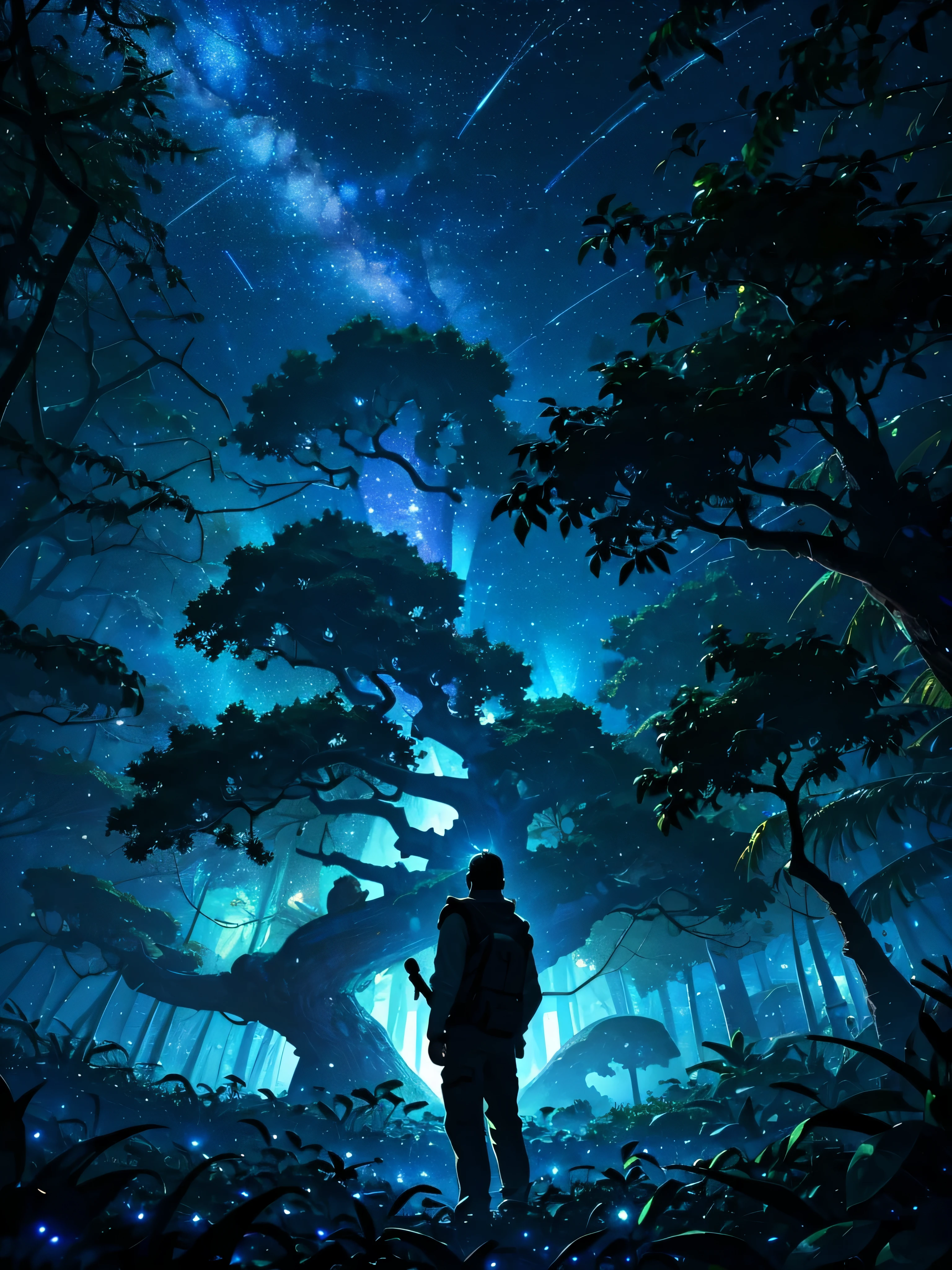 A man standing under big tree in dark jungle, it's night time, the jungle is dark, but the sky is full of stars and light, he is looking at the sky holding a torch 