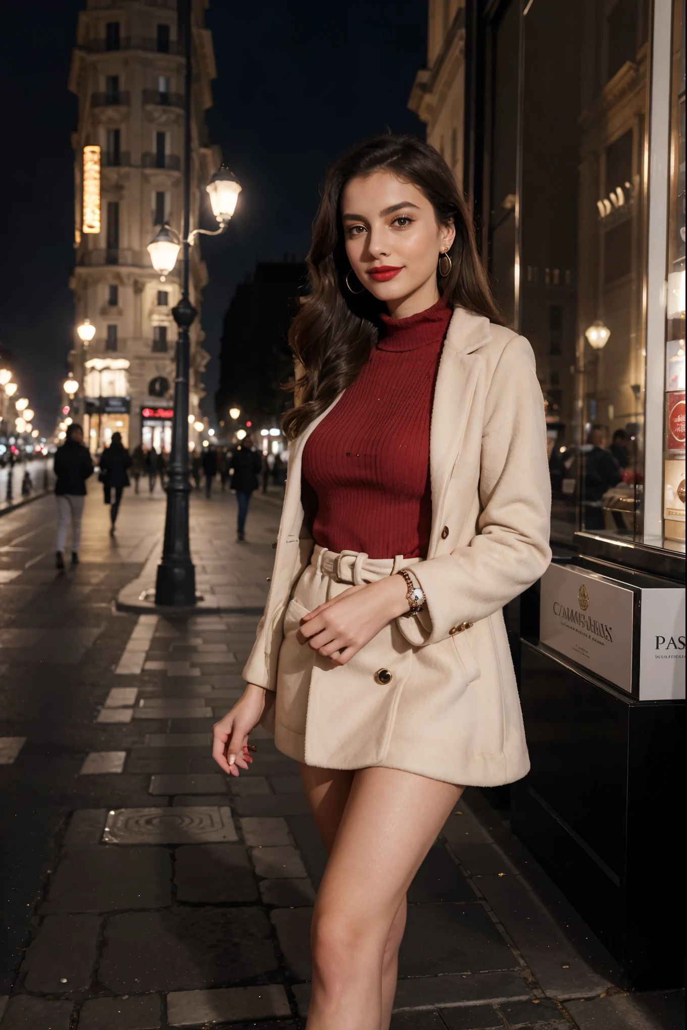 Italian girl 25 years old, beautiful, wonderful, walk in the center of Paris, 1 girl, real, very high resolution, 8k, elegant coat, luxury, Champs-Élysées, pearl earrings, elegant, red lipstick, light smile, night