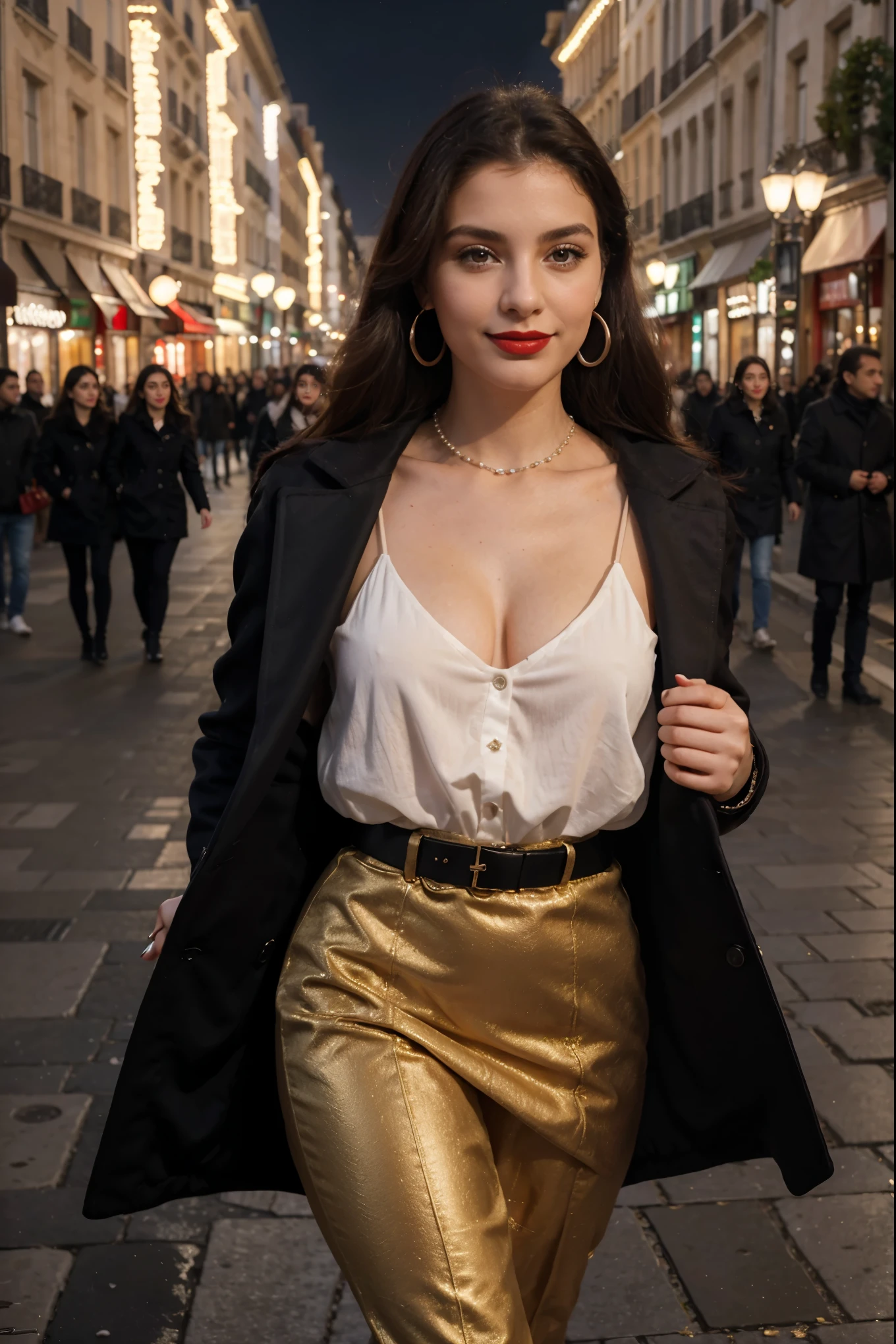 Italian girl 25 years old, beautiful, wonderful, walk in the center of Paris, 1 girl, real, very high resolution, 8k, elegant coat, luxury, Champs-Élysées, pearl earrings, elegant, red lipstick, light smile, night