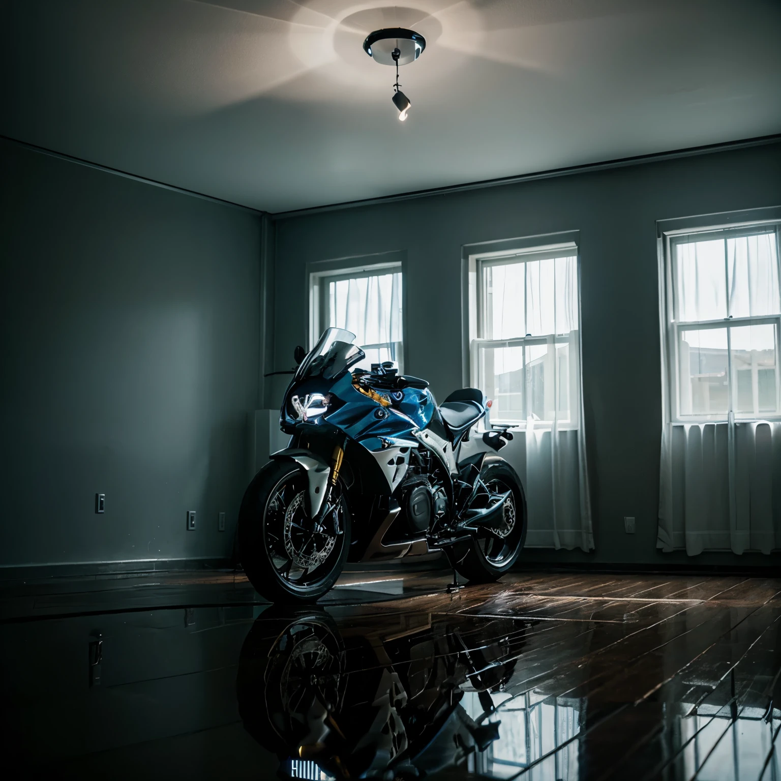 In a drak room with water reflecting floor in the center of the room there is bike(bmw310 r)