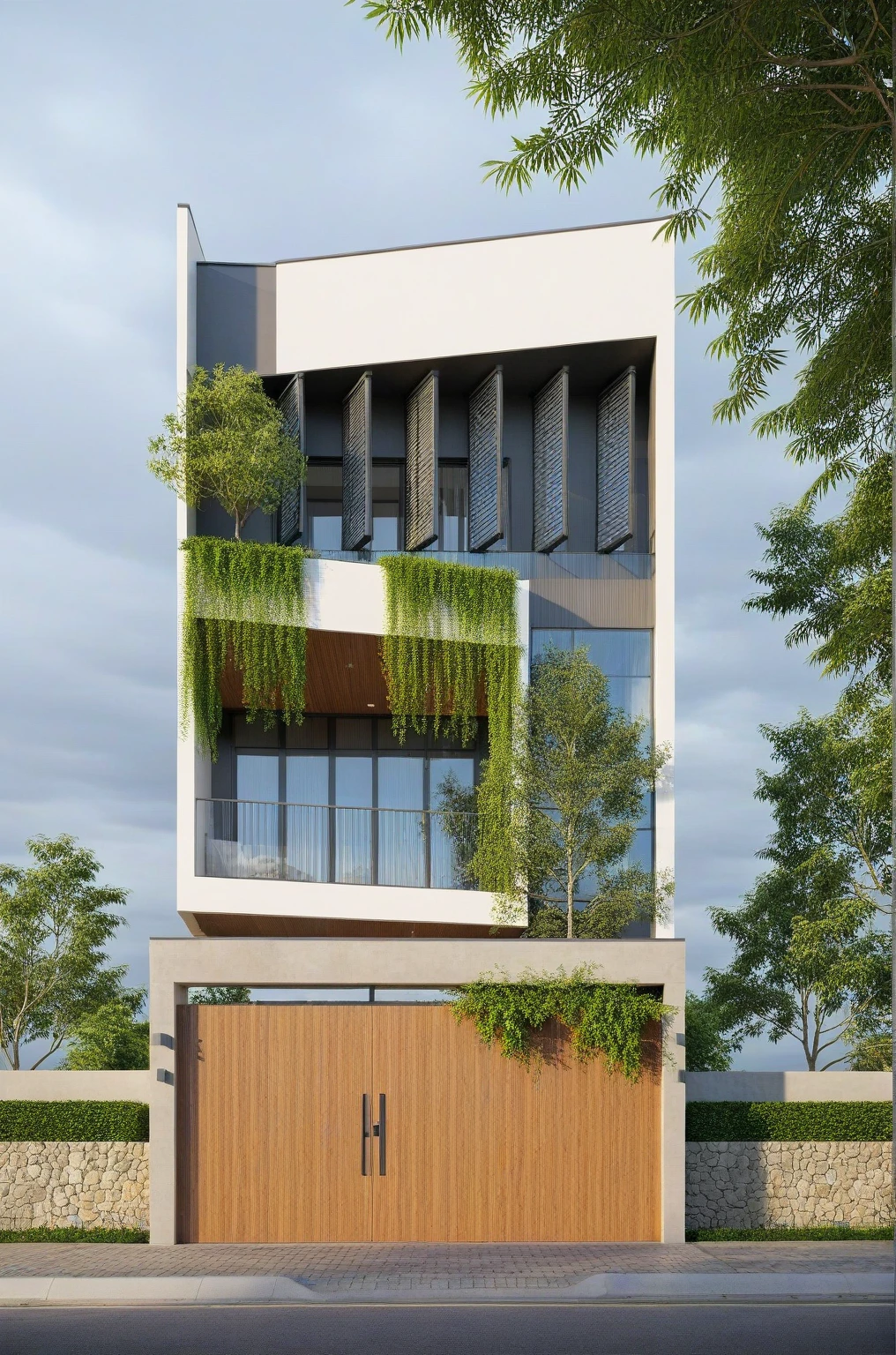 Raw photo,Masterpiece, high quality, best quality, authentic, super detail,
exterior, outdoors, house style modern on the street , glass windows, gate, wooden ceiling,stone wall,white painted wall
road,pavement, grass, trees, sky, cloud, (day:1.1), vivid colour,,Black iron painted gate