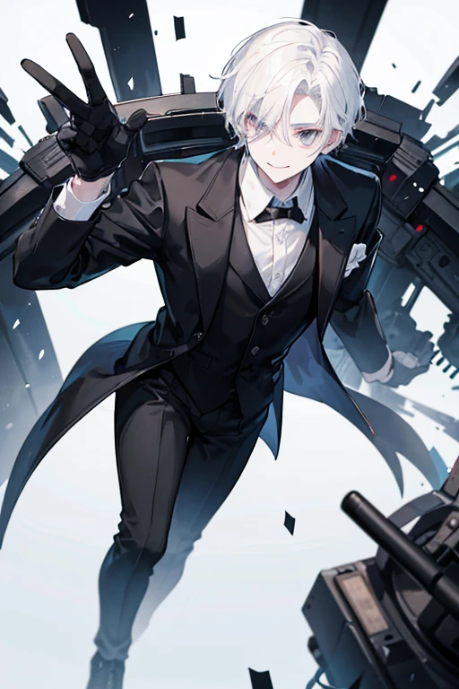 An pale-white skinned male being. He has short white hair, his whole face is just a giant smile, he has no eyes. He wears a black suit and black gloves. An factory's Manager.