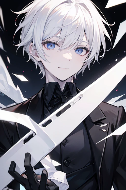 An pale-white skinned male being. He has short white hair, his whole face is just a giant smile, he has no eyes. He wears a black suit and black gloves. An factory's Manager.