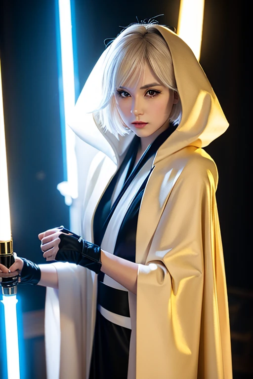 A beautiful woman with short pixie white hair and yellow eyes, holding lightsaber with golden light in black jedi sentinel robes