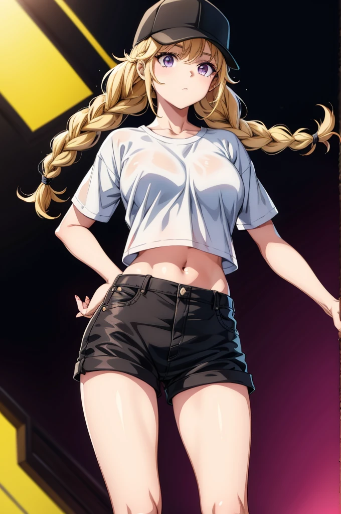 an anime women in black shorts holding a baseball cap in her hands, 1girl, solo, shorts, long hair, hat, navel, blonde hair, shirt, white shirt, short sleeves, looking at viewer, braid, short shorts, purple eyes, baseball cap, midriff, black headwear, cowboy shot, breasts, collarbone, crop top, black shorts, denim shorts, stomach, twin braids