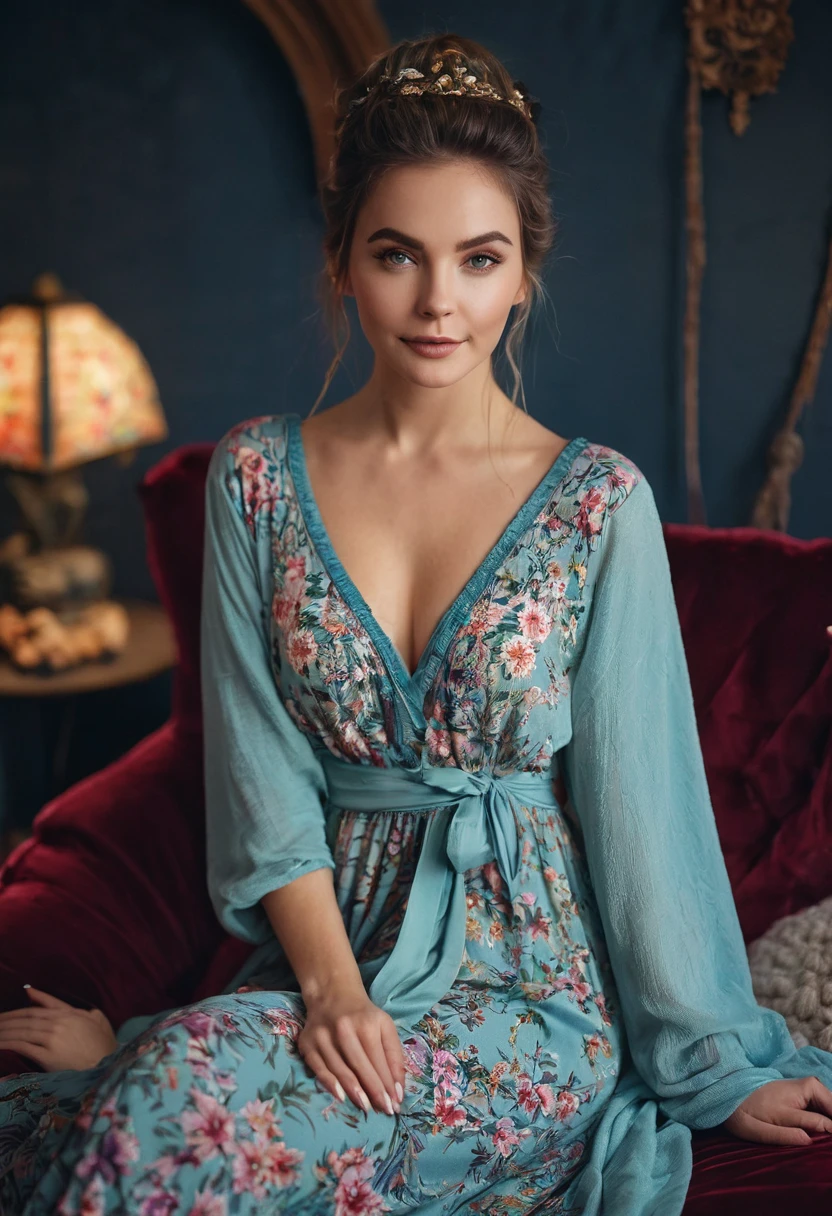 Beautiful enchantress in a cozy dress