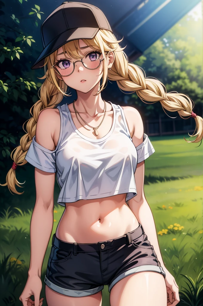 a cartoon female in shorts and short tank top wearing sunglasses with hair wild, 1girl, solo, shorts, hat, navel, short sleeves, baseball cap, blonde hair, shirt, purple eyes, long hair, braid, white shirt, jewelry, green shorts, midriff, crop top, looking at viewer, short shorts, breasts, parted lips, stomach, cowboy shot, twin braids, black headwear, necklace, blush, collarbone, thighs