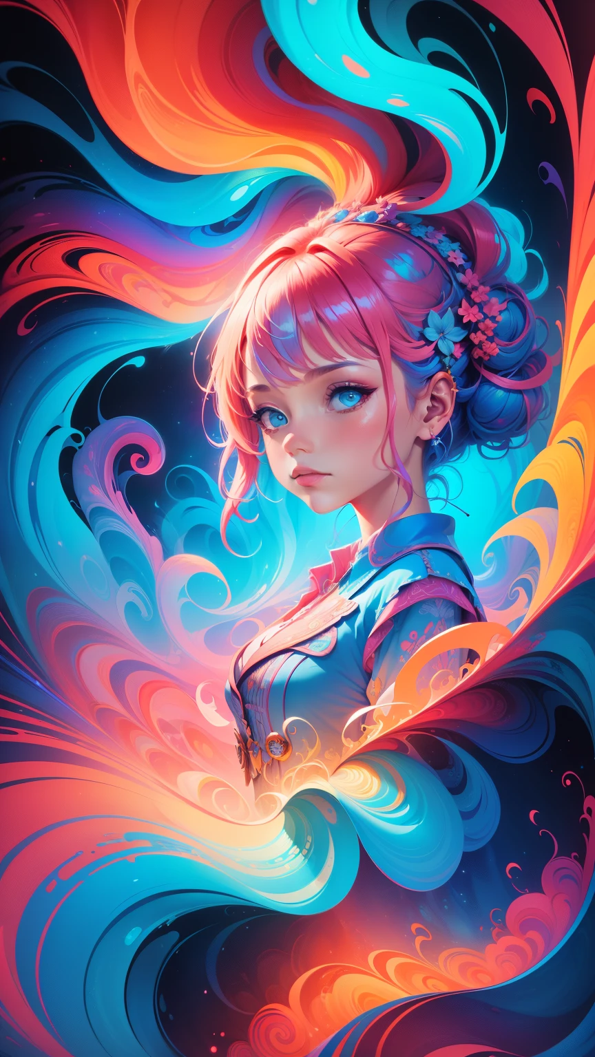(Psychedelic painting of a redheaded woman standing in front of colorful whirlpools), ((Multi-sewn large feathers, big head)), Light and shadow, Waves, Multi-layered, foreground, Distant view, fractal thunder dan mumford, Dan Mount Ford and Alex Gray style, psychedelic surreal art, surreal psychedelic design, Fantasy art style, Illusion psychedelic art, Infinite psychedelic waves, Inspired by Cyril Rolando, True corrugated structure, Psychedelic art style, trippy art, psychedelic illustrations,Bio-luminescence, vibrant, Colourful, Color, (Glowing, Glow), (Beautiful composition), Cinematic lighting, Intricate, (Symmetrical:0.5), Whimsical,