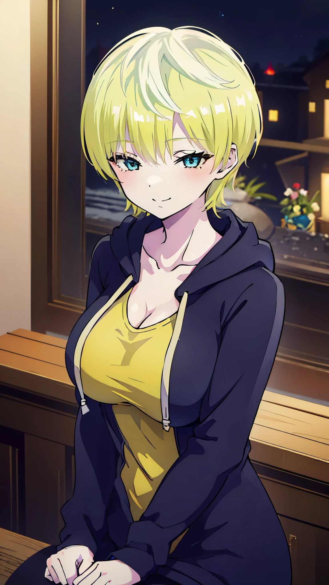 masterpiece, highres, (solo), 8k, detailed, perfect face, best quality, (ultra high quality), looking viewers, big breast, cleavage, collarbone, yellow hair, light hair, short hair, blue eyes, black hoodie, (ahego hoodie), slim body, smile, blush, upper body, at night, (sitting position) 