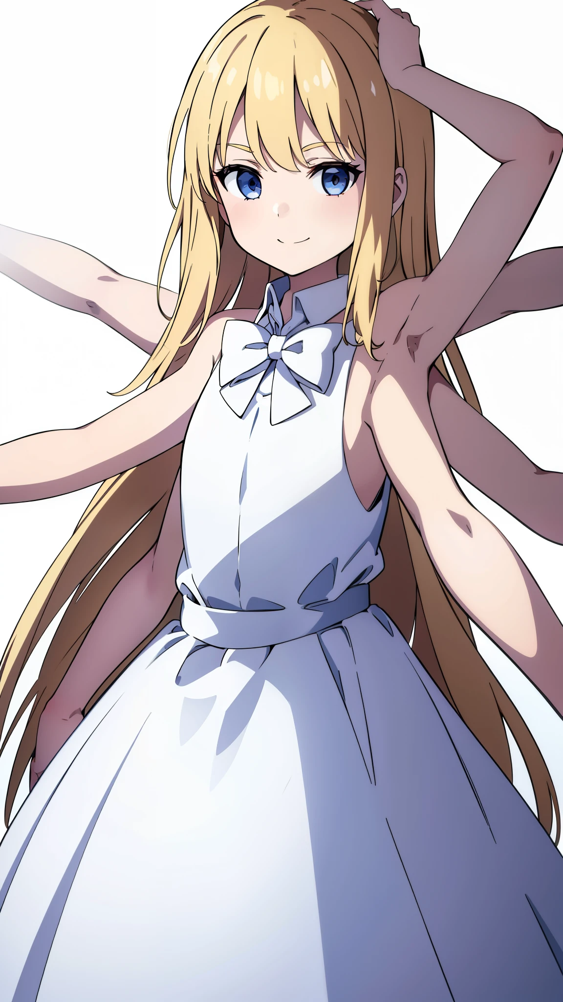 (1girl,8 ,small),blonde hair,long hair,white dress, sleeveless, bow tie, bare shoulders,((white background)),extra arms,four arms,smile,outstretched hands,dinamic angle