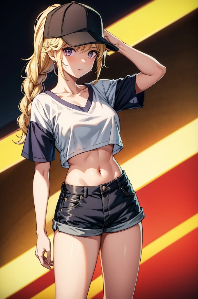 a girl in shorts with hat on standing on the beach holding a baseball, 1girl, solo, navel, shorts, shirt, short sleeves, baseball cap, stomach, hat, white shirt, blonde hair, looking at viewer, midriff, crop top, breasts, purple eyes, braid, arm up, cowboy shot, crop top overhang, short shorts, black headwear, black shorts, collarbone, long hair, parted lips, denim shorts, ponytail, medium breasts
