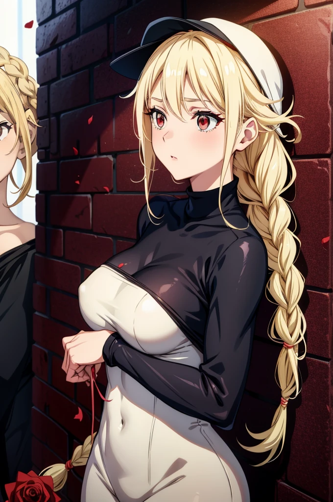shy girl, mature woman, red eyes, hair up, sexy, medium breast, slender body, black leggins, red sweater, wall full of roses, roses, rose petals, , more_details:1.5,Eiko Tsukimi, blue eyes, braid, twin braid, (((blonde hair))), long hair,baseball cap