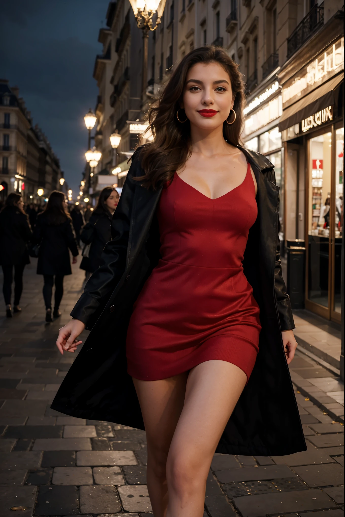 Italian girl 25 years old, beautiful, wonderful, walk in the center of Paris, 1 girl, real, very high resolution, 8k, elegant coat, luxury, Champs-Élysées, pearl earrings, elegant, red lipstick, light smile, night