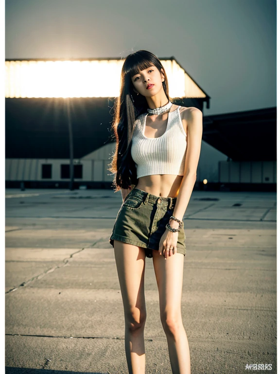 at sunset,spectacular cloud formations,View of the military airport Alafid,((masterpiece, best quality, Highest image quality, High resolution, lifelike, original photo, 8K)), 1950s Film,film grain,Lisa light long hair, Lisa face shape, desert camouflage uniform, Wearing loose deconstructed knit, Khaki ripped deconstructed lace-up sweater, white bikini, Sexy, slim abdominal muscles,修长的long legs, Khaki pleated skirt, long legs, Black-gray tones, The background is a military airport, masterpiece, superlative, actual, HD, photography lighting, 16K