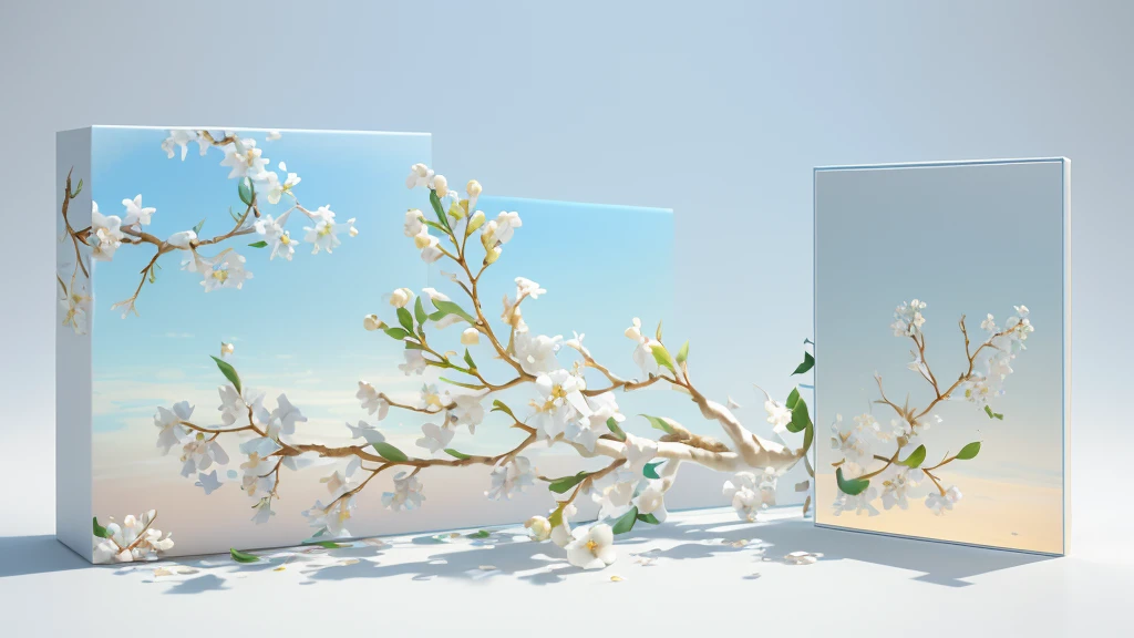Best Style- "Best Quality, Masterpiece, Ultra High Resolution, Photo Realistic, Surrealism, Dreamy, Stephanonotis Blossom, Oil Painting Art, Oil Painting Embossing, Chinese Flower, Paper Creation, 3D Stereoscopic Rendering, Color Gradient from White to Light Blue, 4K Resolution, Simple Natural Composition, White Background, Fresh and Elegant Style." Nature. "