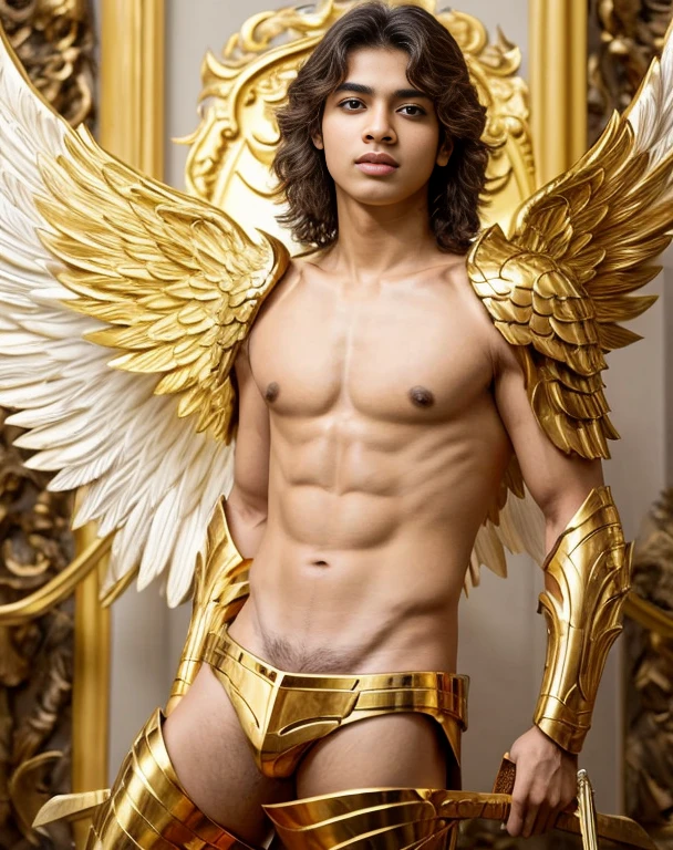 Boy Aarav in a golden robe with wings and a sword., เกราะทองangel, Fully majestic angel, angel, Winged Boy, Angel in golden armor, Eros, angel michael, winged human, mighty angel wings, Eros and thanatos, mighty angel wings, Golden wings, little angel, charming angel