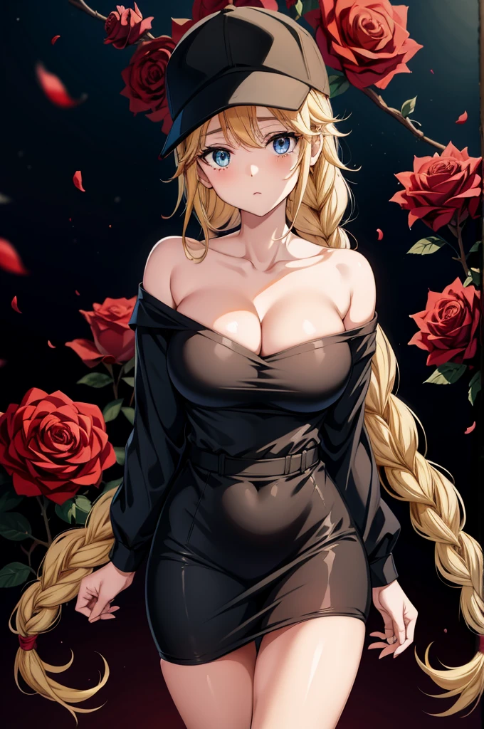 an anime of a woman in a black baseball cap standing next to a bunch of red roses, 1girl, solo, braid, breasts, hat, long hair, flower, blonde hair, blue eyes, bare shoulders, rose, baseball cap, off shoulder, collarbone, large breasts, red flower, petals, black headwear, cleavage, looking at viewer, red rose, long sleeves, thigh gap, single braid