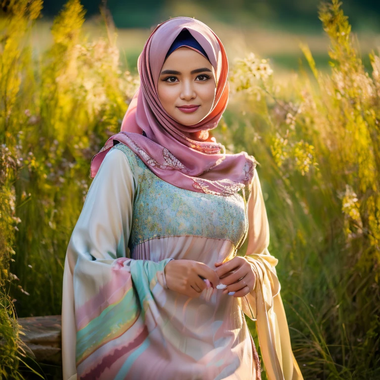 half body, beautiful muslimah girls, wearing traditional silk baju kurung, ultra-detailed, detailed faces, detailed skins, 8k masterpieces, cinematic lighting, firm push-up bosom, voluptuous bosom, slim and slender body, long hijab, eid mubarak, in malay village, in the meadow