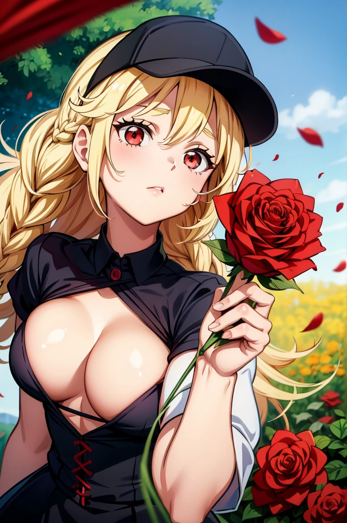 a cartoon woman with blonde hair in a short sleeved shirt, holding a red rose, 1girl, solo, breasts, blonde hair, hat, rose, red eyes, flower, long hair, braid, cleavage, red flower, looking at viewer, red rose, baseball cap, black headwear, short sleeves