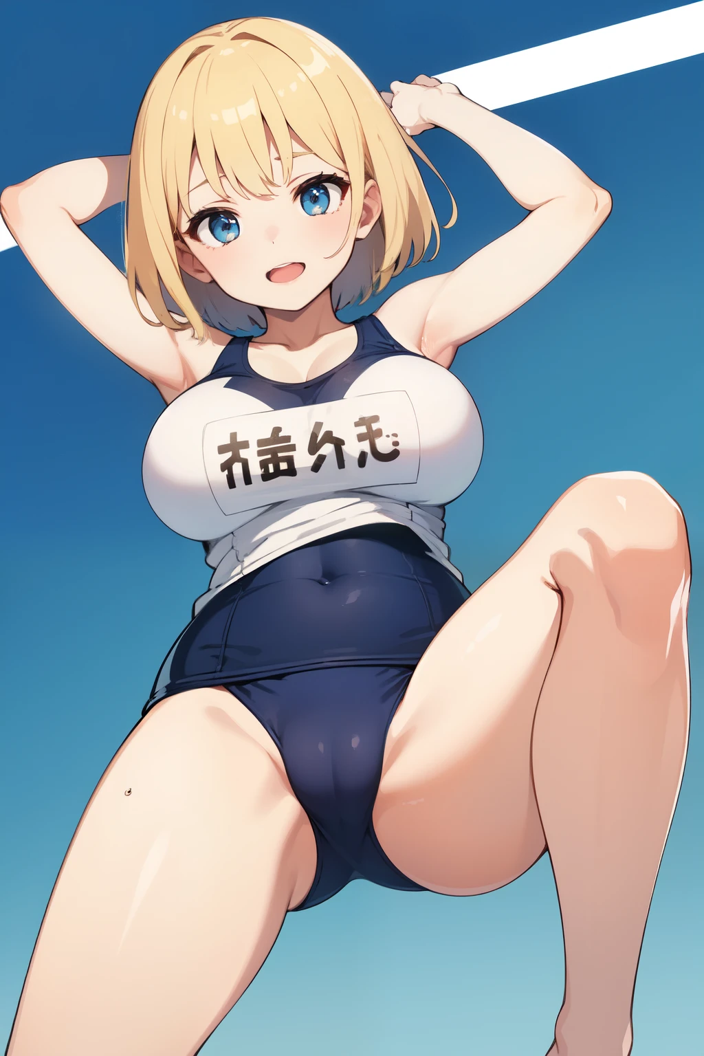((highest quality)), ((masterpiece)), (be familiar with), perfect face, short hair　blonde　big breasts　wearing a school swimsuit　legs open　I&#39;m embarrassed