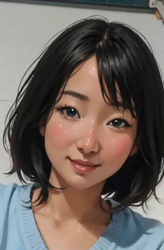 Risa, black haired japanese girl, sitting in classroom in , cute, beautiful, realistic style, highly detailed, 4k, look at camera, face close-up