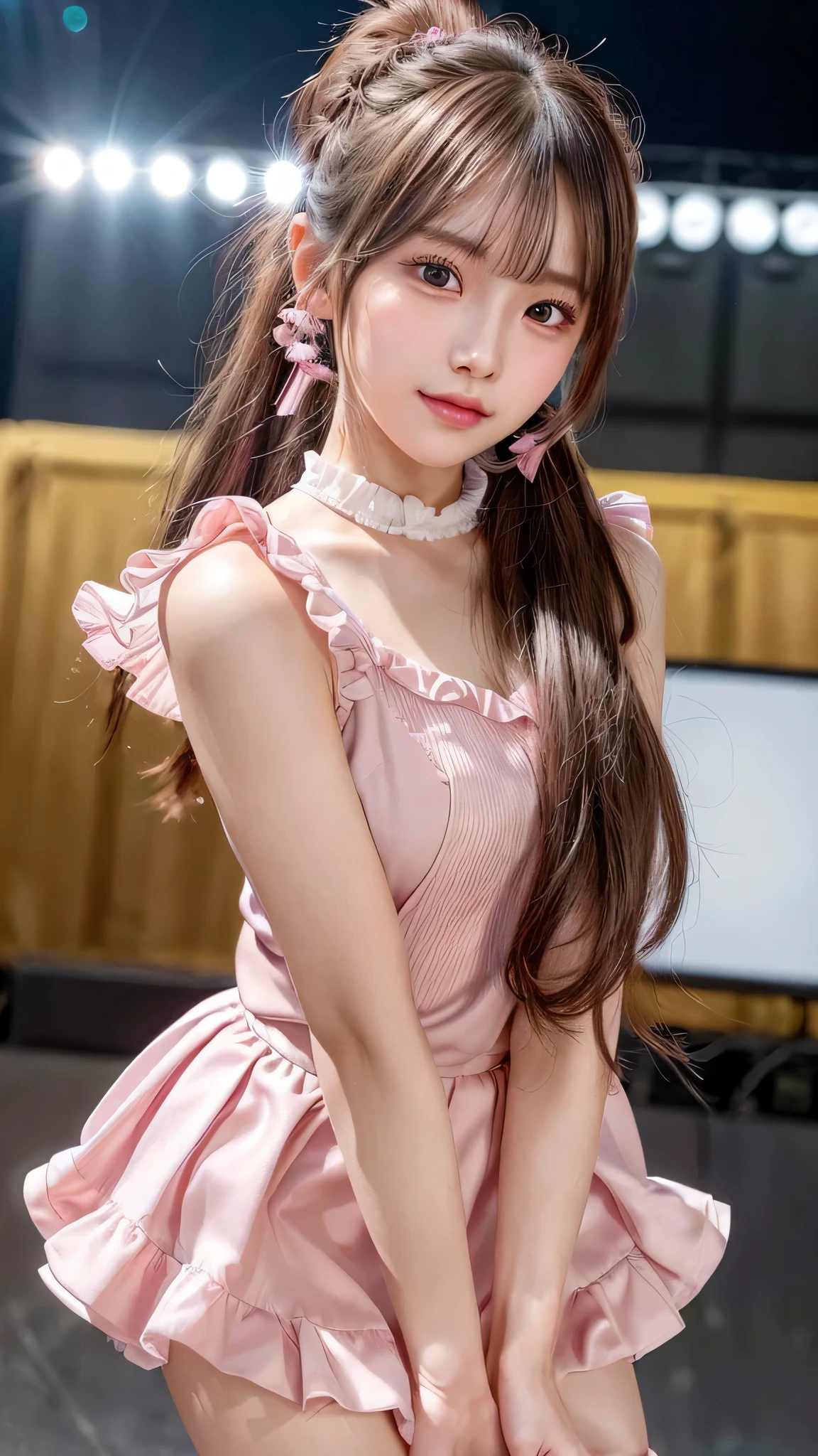 close up of face,blush,small breasts,14 years old,long hair ponytail,singing on stage,close up of face,((8K, Raw photo, best quality, muste piece:1.2), (Reality, photorealistic:1.4), (Highly detailed 8K wallpaper), Depth of the bounds written, cinematic lighting, soft light, detailed beauty eye,Shiny and smooth light brown ponytail, asymmetrical bangs, shiny skin, super detailed skin ,high resolution, high detail, detailed hairstyle, detailed beauty face, hyper real, perfect limbs, perfect anatomy ,1 Japanese girl,famous japanese idol, perfect female body,shy smile,short eyelashes,double-edged eyelids,look straight here,Hair style is ponytail、Pink colored long dress with lots of ruffles, softly shaped skirt, standing on stage,pink ribbon on head,She is wearing a skirt with lots of frills