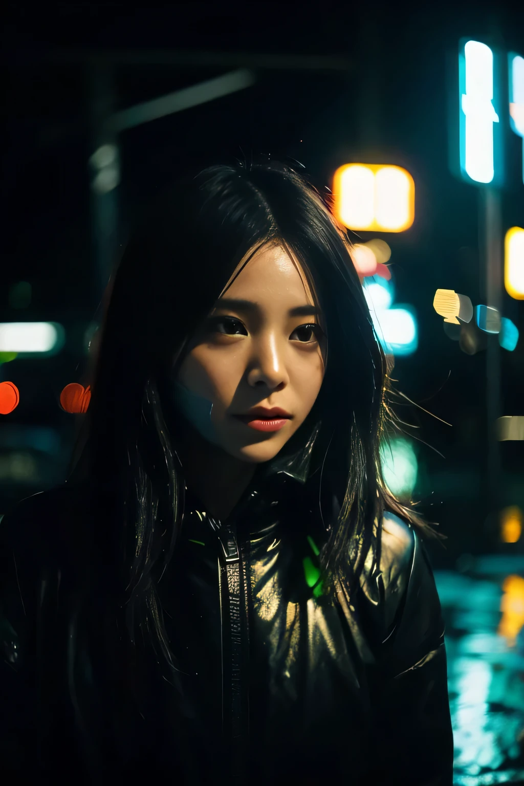 a editorial photo of a woman at night wearing face mask, neon lights, rain, particles, shot on a Sony mirrorless, DSLR, --v 4