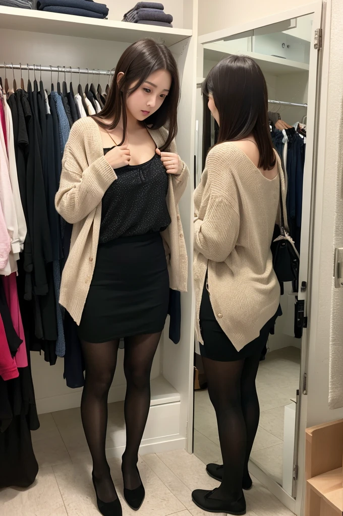 office girl changing clothes in the changing room, super realistic pantyhose:1.3, ulzzang-6500-v1.1, sharp focus、(Raw photo:1.2), (Photoreal), beautiful detailed girl, (genuine: 1.4), (muste piece), Puzzled, shame, shyness、