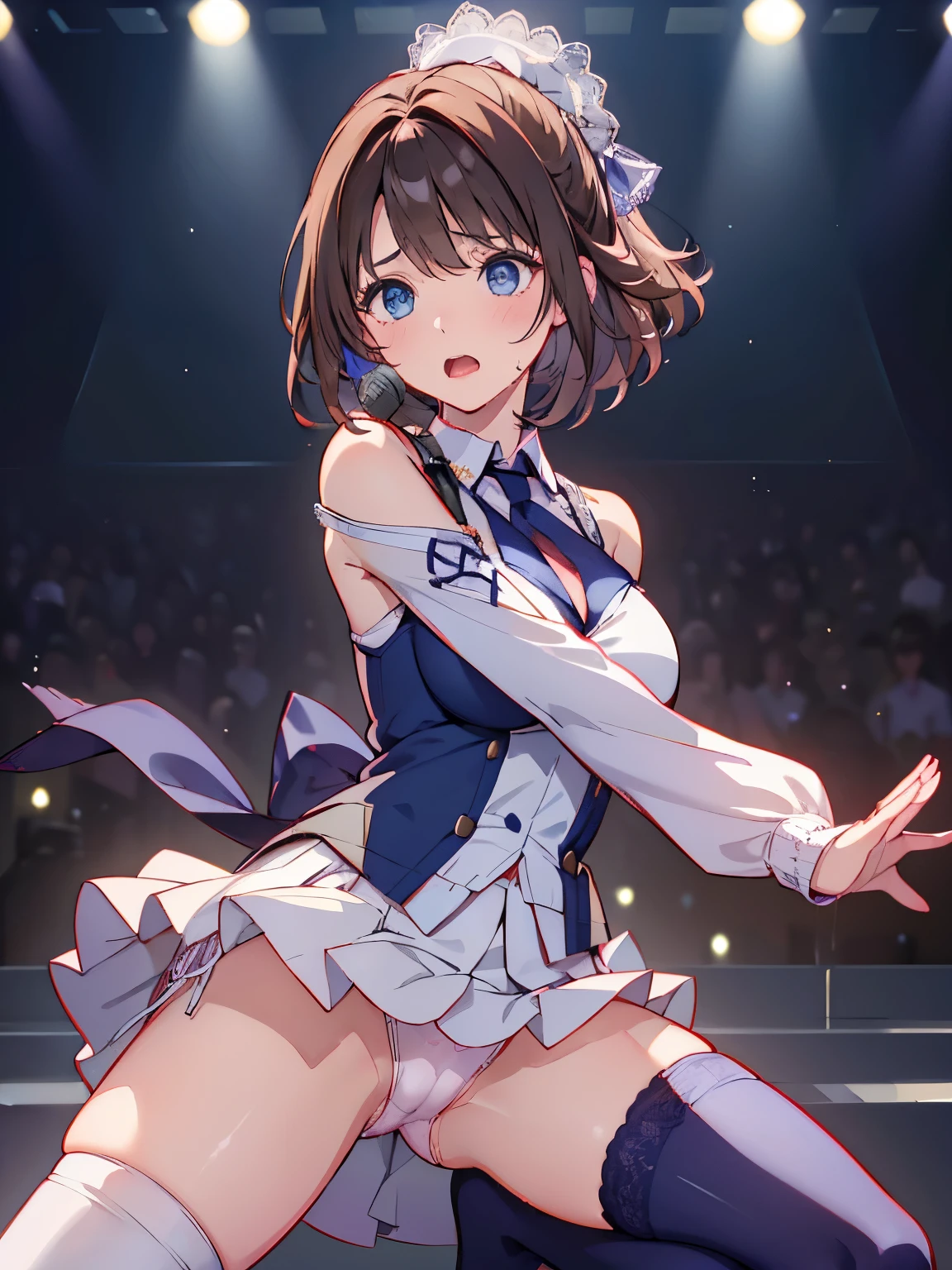 adult woman、exact number of fingers、Exact number of legs、Exact number of arms、bangs, ribbon ponytail, brown hair, (blush:1), (put one hand in your panties:1.8), fingering, (pussy juice:1.2), cum in mouth, (A woman is holding a microphone and is about to sing:1.5), The costume covers the shoulders, sides, upper arms, and arms., That costume only opens wide at the chest.、high socks、((long sleeve white collared shirts, navy pleated miniskirt, navy tie, light grey cardigan)), (Detailed and luxuriously decorated underwear:1.3), Ribbon at collar, (White and navy panties with lots of lace:1.3), white lace bra:1.2), sexy underwear, Thighhighs、 beautiful big breasts, (erect nipples:1), the skirt is turned up、highest quality, High resolution, (detailed and beautiful eyes:1.6), highly detailed face, perfect lighting, Very detailed CG, (perfect hands, perfect anatomy),embarrassed expression、The expression that you are holding back from going to the toilet, (sexual pleasure expression:1.4), (expression of agony:1.2)、sexy look、look upward、mouth half open、Climax、(live stage、a lot of spectators:1.3)、whole body