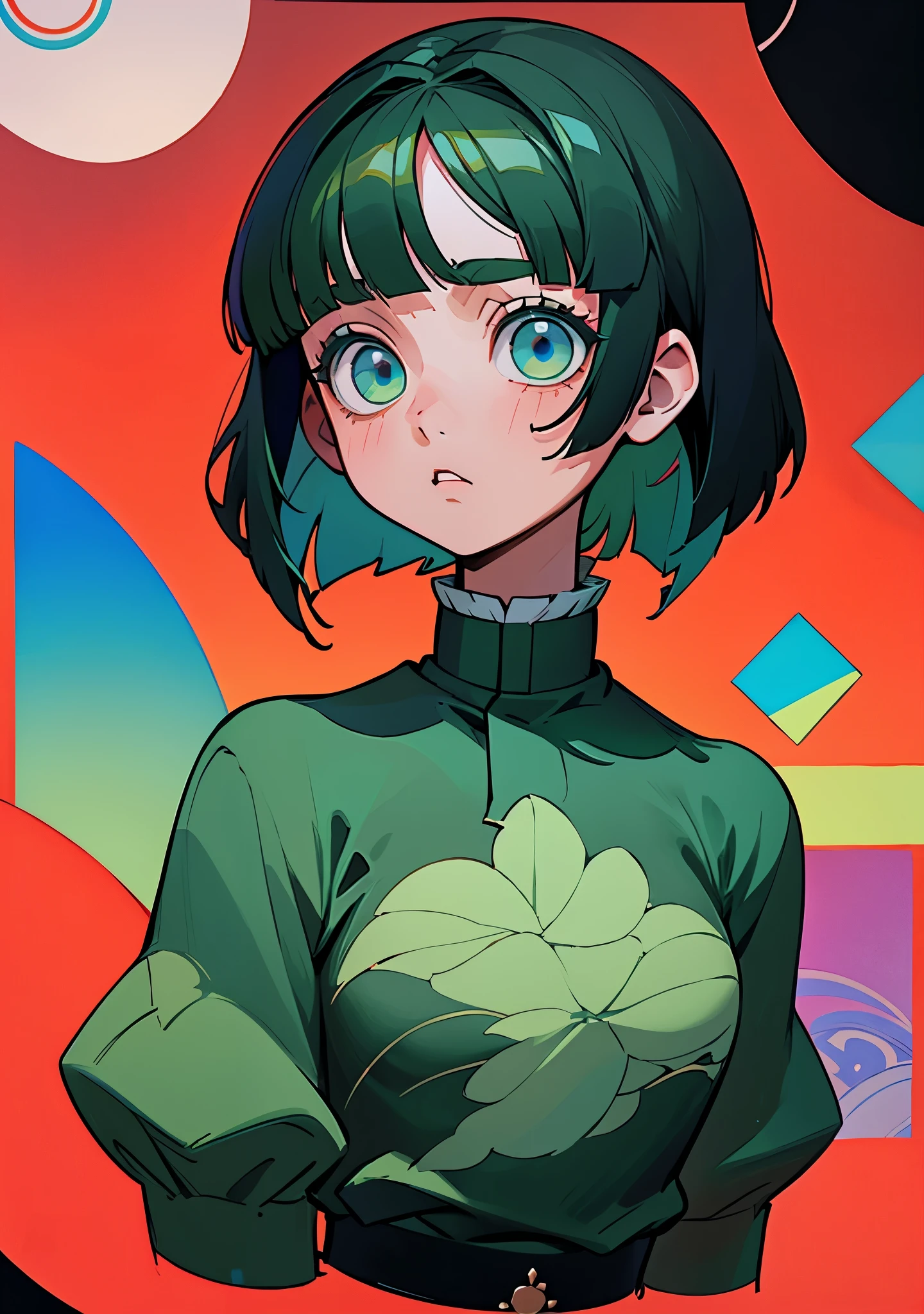 (best quality, masterpiece), 1girl, kimetsu no yaiba, upper body, illustration, bob cut, geometric abstract dark background