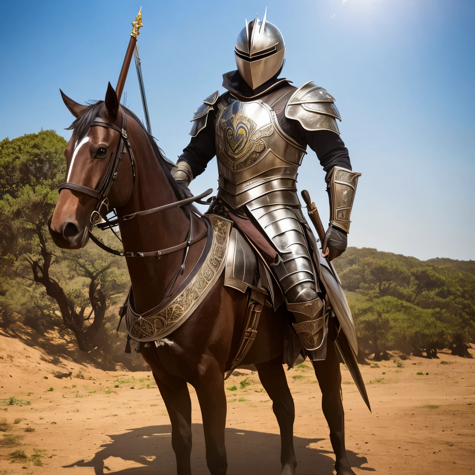 Guerreiro com armadura, espada e escudo 