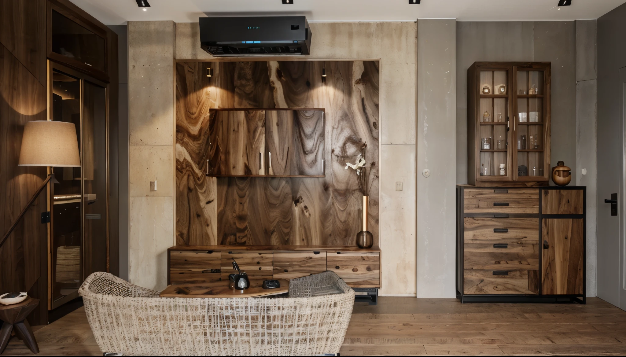 Walnut cabinets, natural wood, iron accessories,