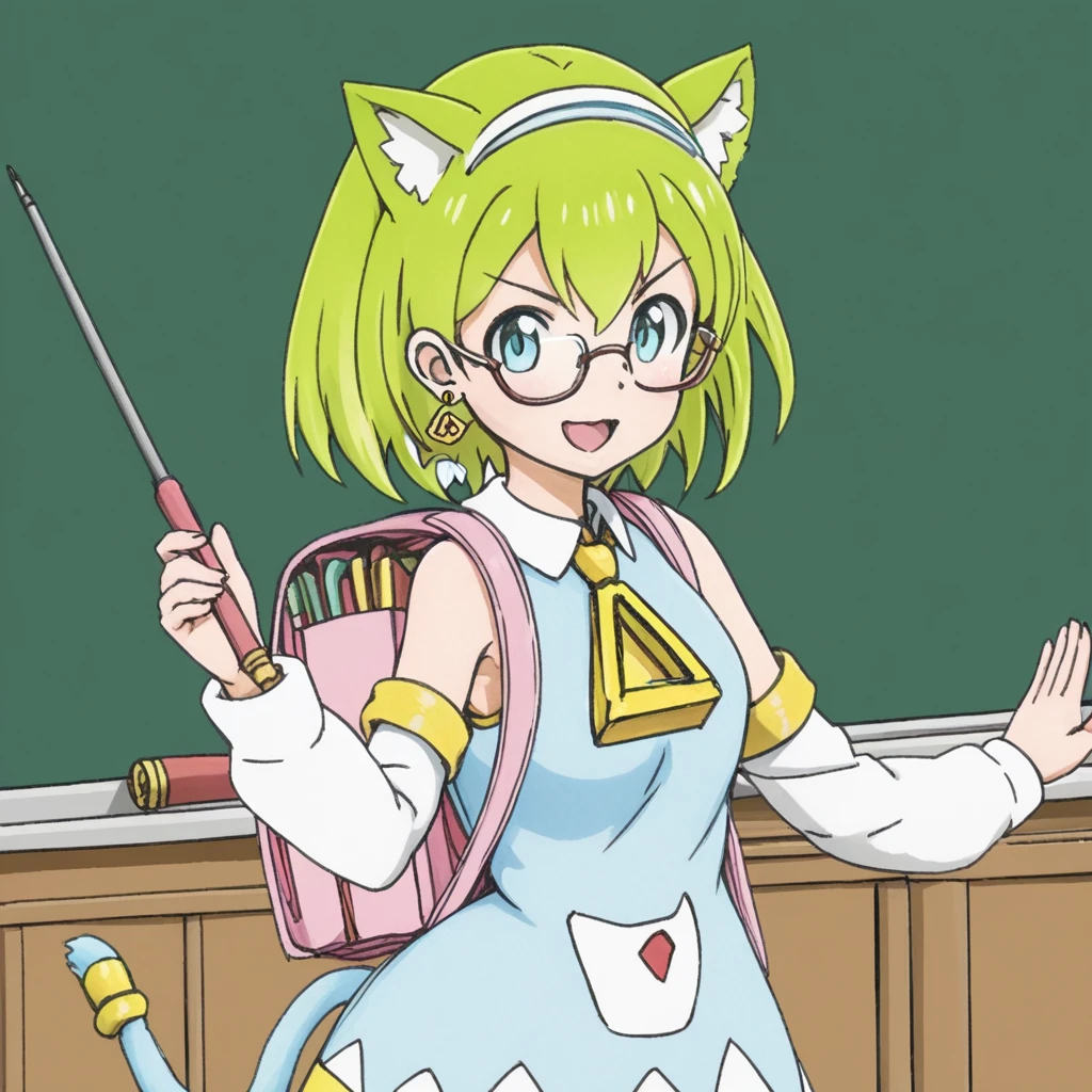 1 girl,Deltamon,blue tail,chibi character,glasses,suit,gentlemen,looking at the viewer,smile,blackboard,classroom,pointer,open your mouth,give a class