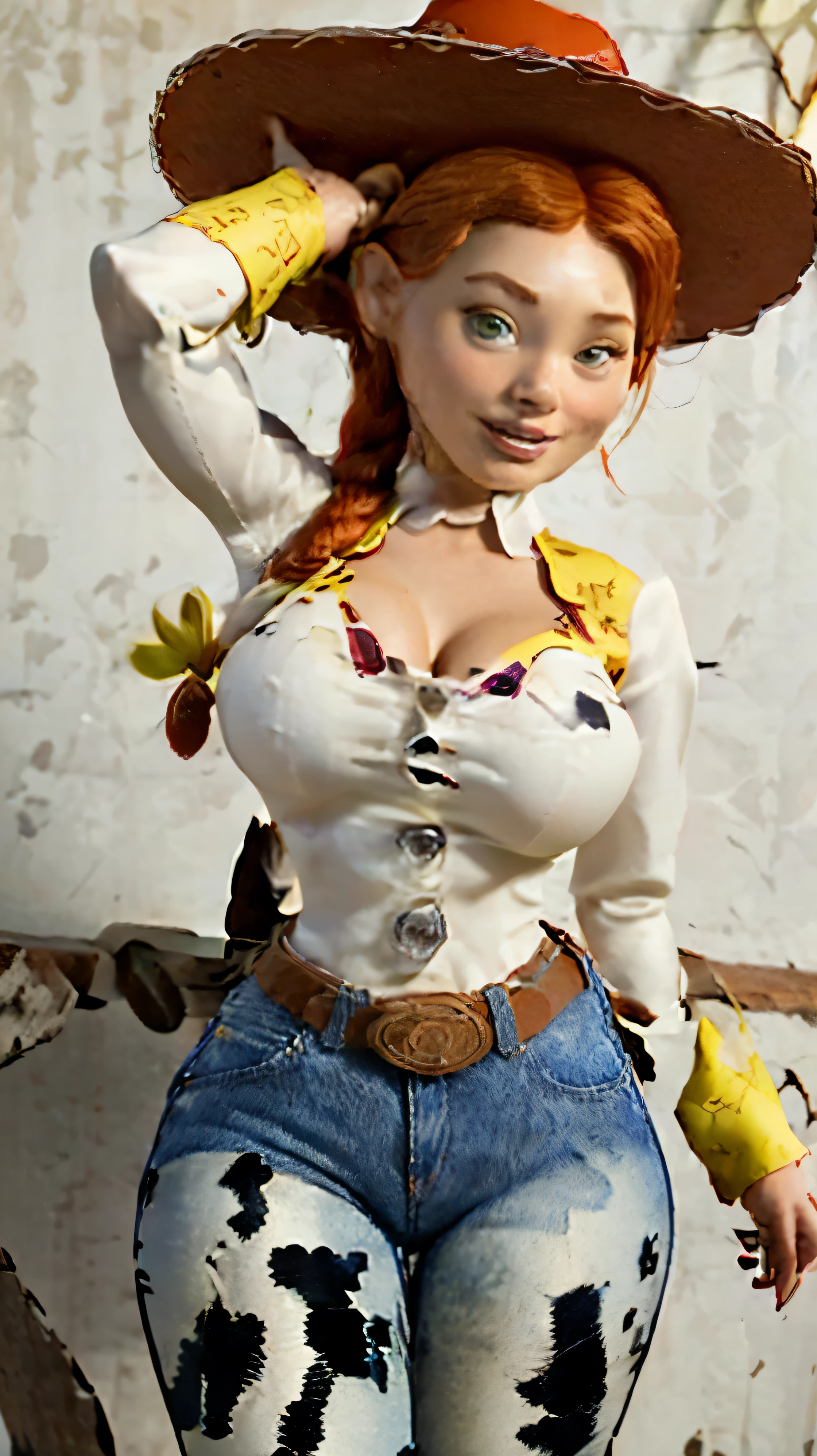 Jessie the cowgirl from toy story. Redhead, cowgirl clothes. Red hat Open-necked white shirt with yellow decorations, which shows off her enormous breasts. Blue jeans with cow spots, boots. Orange hair with braid. Super sexy, big breasts. Big legs. Nsfw