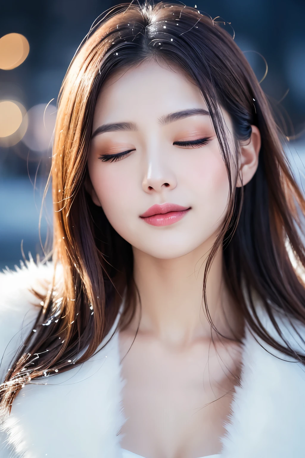 (highest quality、masterpiece、8K、best image quality、hyper realism、Award-winning work)、1 girl、(classy fur coat:1.1)、Soft and delicate light、dramatic lighting、Romantic snowy night city、Romantic Christmas illuminations、Beautiful night view of the snowy city、fine sparkling snow、Beautiful snow reflecting light、Diamond dust、Tyndall effect、beautiful snow scene、(It's snowing:1.1)、snow in hair、accurate anatomy、(eyes completely closed:1.1)、(completely closed lips:1.2)、(close your lips and smile:1.1)、(body facing straight ahead:1.1)、(face facing straight ahead:1.1)、natural beautiful eyelids、(super close up of face:1.1)、(super enlarged photo of face:1.1)、A beautiful lipstick with a glossy, natural color、natural makeup、glossy lips、Ultra high definition glossy skin、Ultra-HD radiant, beautiful skin、Milky white moisturized skin、beautiful skin glow、超高精細のglossy lips
