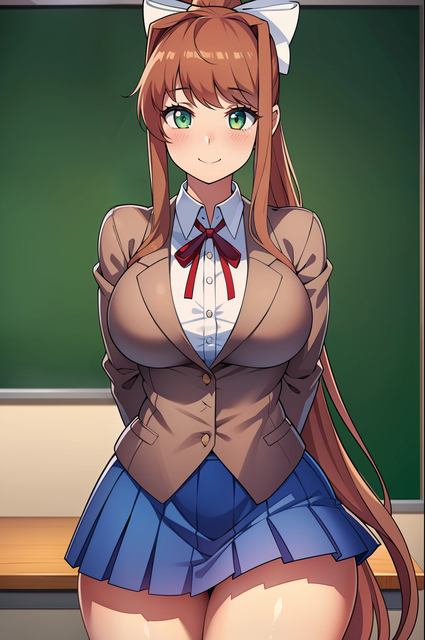 Masterpiece, high quality, best quality, beautiful, HD, perfect lighting, detailed face, detailed body, ultra cute face, cowboy shot, ((1girl)), ((solo)), cute pose, (Monika),

 brown hair, green eyes, very long hair, ponytail, (white bow), blazer, brown sweater, collared shirt, neck ribbon, blue skirt, school classroom, looking at viewer, (blush),

sweet smile, affectionate, medium breasts, perky breasts, wide hips, (thick thighs), arms behind back,