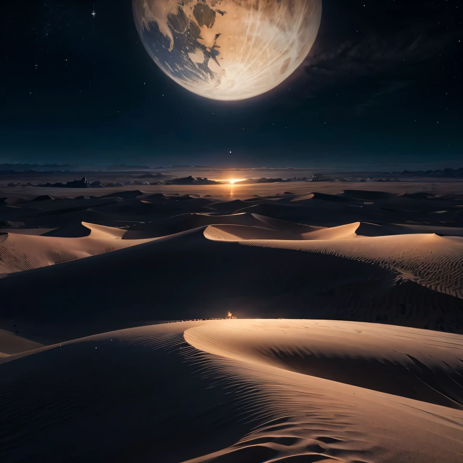 A vast desert where the dunes are composed of fine, shimmering pearl sands. At night, these sands glow under the moonlight, and mirages in the distance appear as grand, pearlescent castles, creating an ethereal landscape.