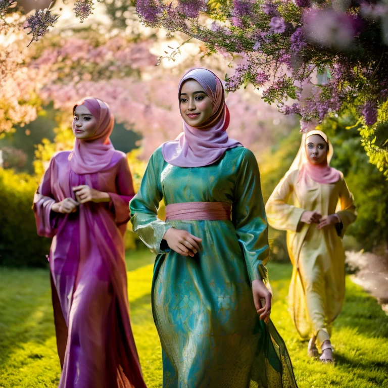 half body, beautiful muslimah girls, wearing traditional silk baju kurung, ultra-detailed, detailed faces, detailed skins, 8k masterpieces, cinematic lighting, firm push-up bosom, voluptuous bosom, slim and slender body, long hijab, eid mubarak, in malay village, in the meadow