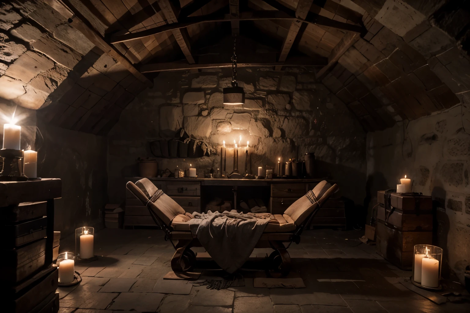 BDSM, torture cellar, stone walls, chains and bondage steel rings on the wall and ceiling, wooden torture device, cellar vault in a fortress, candle holder with candles, lounger with leather straps for fixation, atmospheric perspective, 8k, super detail, ccurate, best quality, super detail