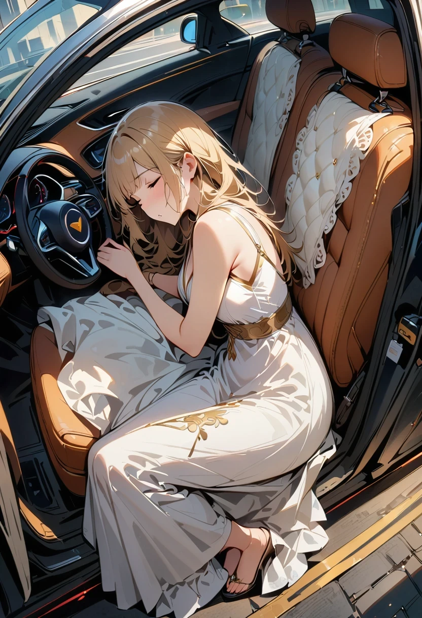 ((masterpiece)), ((best quality)), 8K, HD, Super details, (Miss), (White dress with gold trim), (Golden hair scattered around the shoulders), (Closed eyes expression) (sleeping in the car 1.6) (Full body display 1.4) Art is a masterpiece, With the best quality and Super details, captured in 8K HD. Photographic actual, actual, very detailed illustrations actual, octane rendering