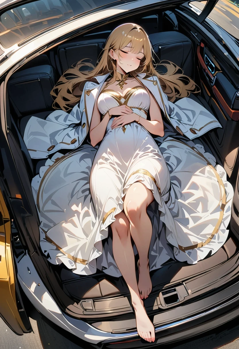 ((masterpiece)), ((best quality)), 8K, HD, Super details, (Miss), (White dress with gold trim), (Golden hair scattered around the shoulders), (Closed eyes expression) (sleeping in the car 1.6) (Full body display 1.4) Art is a masterpiece, With the best quality and Super details, captured in 8K HD. Photographic actual, actual, very detailed illustrations actual, octane rendering
