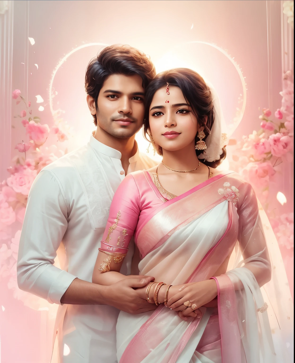 a man and woman in a white and pink sari pose for a picture, lovely couple, inspired by Thota Vaikuntham, official fanart, by Thota Vaikuntham, movie promotional image, fanart, unedited, portait photo profile picture, happy couple, couple pose, profile pic, really realistic, omg, official art, couples portrait, couple portrait