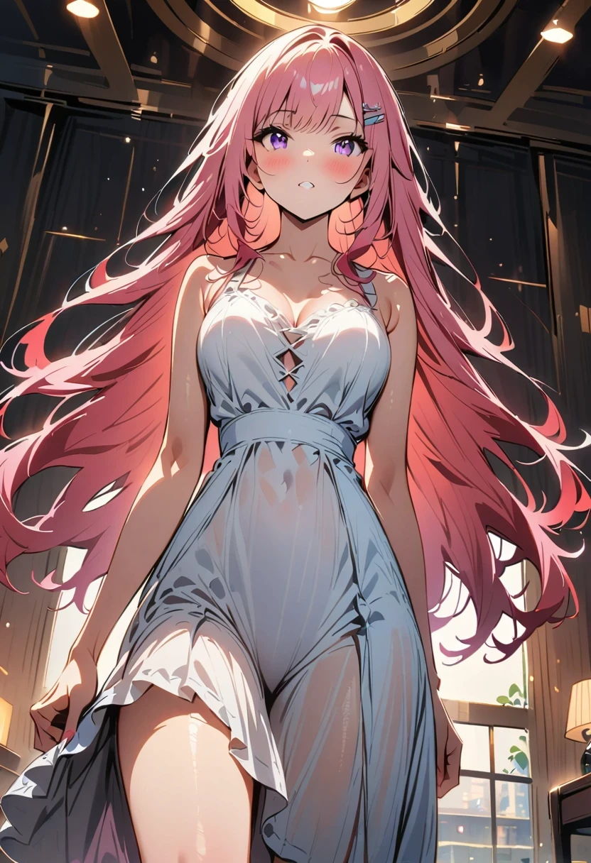 Masterpiece、Anime Coloring、Ultra fine、8k、Silver Hair、light blue eyes、((whole body))、blush、Small breasts、((Pink bra))、((skirt、skirtめくり、Pink panties are visible))Golden cat ears、(Looking back at the audience)、Are standing、((White background))