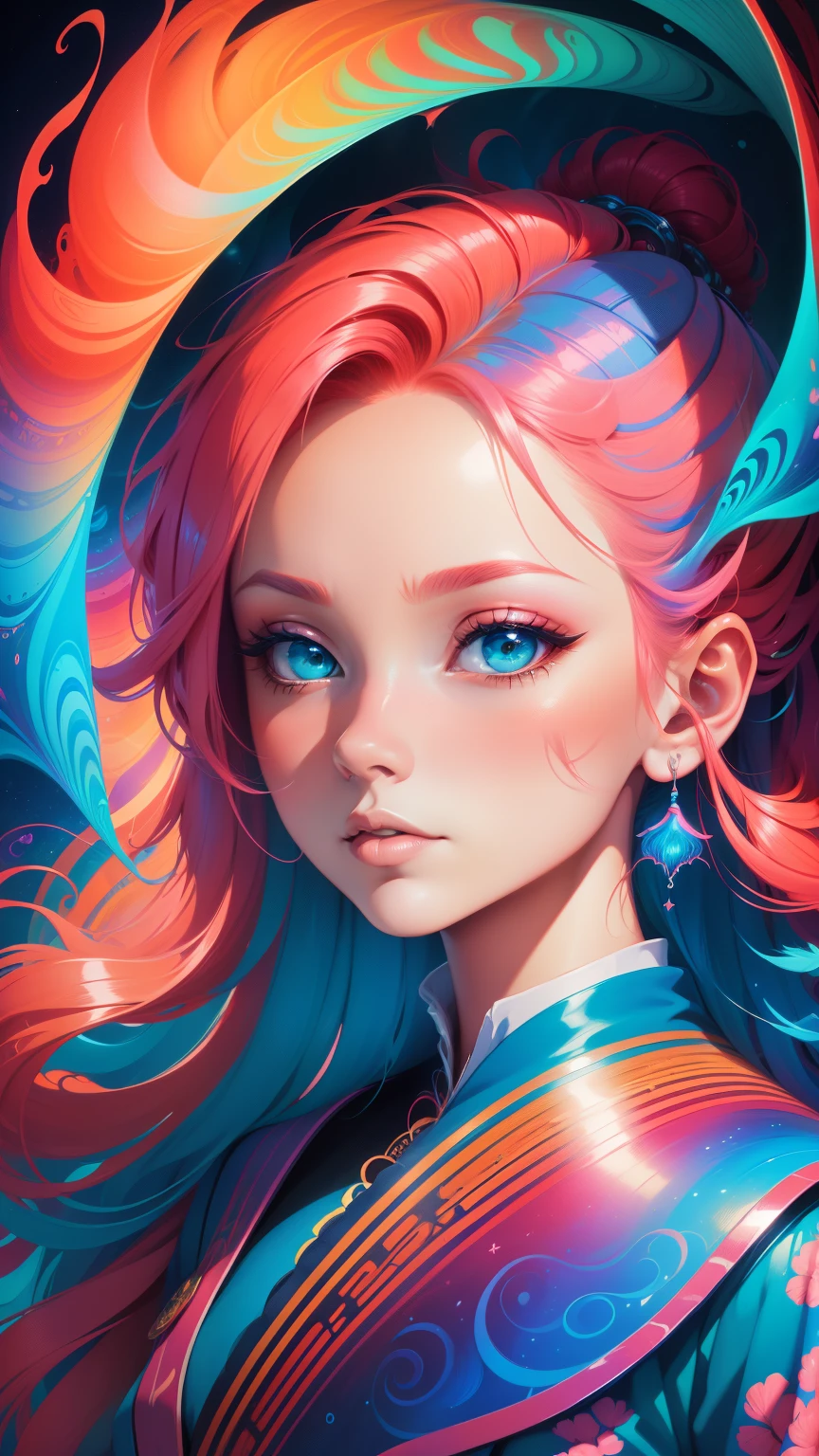 (Psychedelic painting of a redheaded woman standing in front of colorful whirlpools), ((Multi-sewn large feathers, big head)), Light and shadow, Waves, Multi-layered, foreground, Distant view, fractal thunder dan mumford, Dan Mount Ford and Alex Gray style, psychedelic surreal art, surreal psychedelic design, Fantasy art style, Illusion psychedelic art, Infinite psychedelic waves, Inspired by Cyril Rolando, True corrugated structure, Psychedelic art style, trippy art, psychedelic illustrations,Bio-luminescence, vibrant, Colourful, Color, (Glowing, Glow), (Beautiful composition), Cinematic lighting, Intricate, (Symmetrical:0.5), Whimsical,