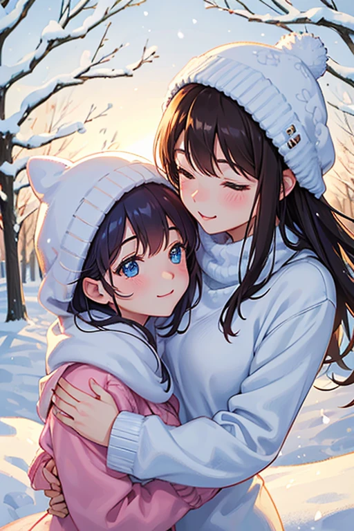 (best quality,highres),cute couple, winter background, hugging, cozy atmosphere, snowfall, warm sweaters, rosy cheeks, snow-covered trees, love, happiness, romantic, candlelight, soft glow, magic moment, frosty breath, cuddling, intimate, tender, joyful, winter love, icy landscape, snowy path