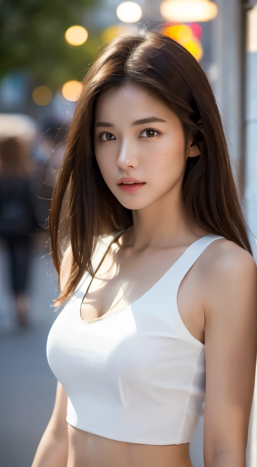 ((Realistic lighting, best quality, 8K, masterpiece: 1.3)), Clear focus: 1.2, 1 girl, Perfect body: 1.4, slim abs: 1.1, ((Dark brown hair)), (white blouse: 1.4), (outdoor, night: 1.1), city street, The face is super delicate, narrow eyes, double eyelids,